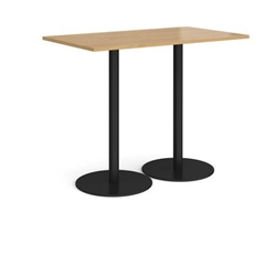 Monza rectangular poseur table with flat round black bases 1400mm x 800mm - oak