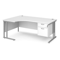 Maestro 25 left hand ergonomic desk 1800mm wide with 2 drawer pedestal - silver cantilever leg frame, white top