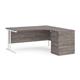 Maestro 25 right hand ergonomic desk 1600mm with white cantilever frame and desk high pedestal - grey oak