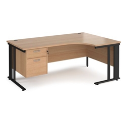 Maestro 25 right hand ergonomic desk 1800mm wide with 2 drawer pedestal - black cable managed leg frame, beech top