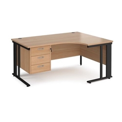 Maestro 25 right hand ergonomic desk 1600mm wide with 3 drawer pedestal - black cable managed leg frame, beech top