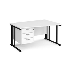 Maestro 25 right hand wave desk 1400mm wide with 3 drawer pedestal - black cable managed leg frame, white top