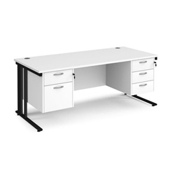 Maestro 25 straight desk 1800mm x 800mm with 2 and 3 drawer pedestals - black cable managed leg frame, white top