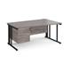 Maestro 25 right hand wave desk 1600mm wide with 3 drawer pedestal - black cable managed leg frame, grey oak top