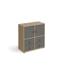 Universal cube storage unit 875mm high on glides with 2 cupboards and 2 sets of drawers - oak with grey inserts