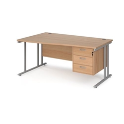 Maestro 25 left hand wave desk 1600mm wide with 3 drawer pedestal - silver cantilever leg frame, beech top