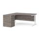 Maestro 25 left hand ergonomic desk 1600mm with white cantilever frame and desk high pedestal - grey oak