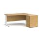 Maestro 25 right hand ergonomic desk 1600mm with white cantilever frame and desk high pedestal - oak