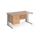 Maestro 25 straight desk 1400mm x 800mm with 2 drawer pedestal - silver cable managed leg frame, beech top