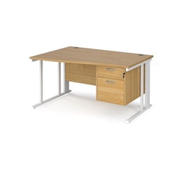 Maestro 25 left hand wave desk 1400mm wide with 2 drawer pedestal - white cable managed leg frame, oak top