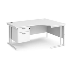 Maestro 25 right hand ergonomic desk 1600mm wide with 2 drawer pedestal - white cantilever leg frame, white top