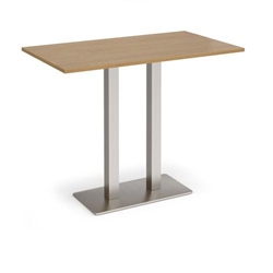 Eros rectangular poseur table with flat brushed steel rectangular base and twin uprights 1400mm x 800mm - oak