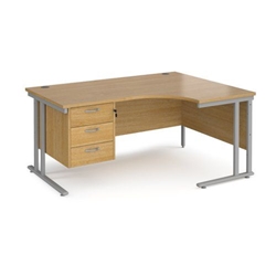 Maestro 25 right hand ergonomic desk 1600mm wide with 3 drawer pedestal - silver cantilever leg frame, oak top