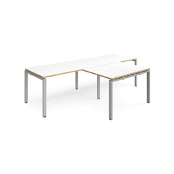 Adapt double straight desks 2800mm x 800mm with 800mm return desks - silver frame, white top with oak edge