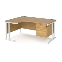Maestro 25 left hand ergonomic desk 1600mm wide with 2 drawer pedestal - white cantilever leg frame, oak top