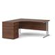 Maestro 25 left hand ergonomic desk 1600mm with silver cantilever frame and desk high pedestal - walnut