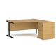 Maestro 25 right hand ergonomic desk 1600mm with black cantilever frame and desk high pedestal - oak