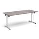Rectangular folding leg table with silver legs and straight foot rails 1800mm x 800mm - grey oak