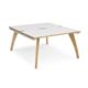 Fuze back to back desks 1400mm x 1600mm with oak legs - white underframe, white top with oak edging