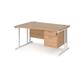 Maestro 25 left hand wave desk 1400mm wide with 2 drawer pedestal - white cantilever leg frame, beech top