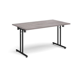Rectangular folding leg table with black legs and straight foot rails 1400mm x 800mm - grey oak