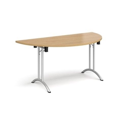 Semi circular folding leg table with silver legs and curved foot rails 1600mm x 800mm - oak