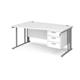 Maestro 25 left hand wave desk 1600mm wide with 3 drawer pedestal - silver cable managed leg frame, white top