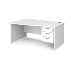 Maestro 25 left hand wave desk 1600mm wide with 3 drawer pedestal - white top with panel end leg