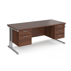 Maestro 25 straight desk 1800mm x 800mm with 2 and 3 drawer pedestals - silver cantilever leg frame, walnut top