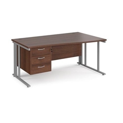 Maestro 25 right hand wave desk 1600mm wide with 3 drawer pedestal - silver cable managed leg frame, walnut top