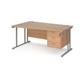 Maestro 25 left hand wave desk 1600mm wide with 3 drawer pedestal - silver cantilever leg frame, beech top