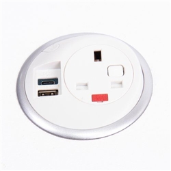 Pixel in-surface power module 1 x UK socket, 1 x TUF (A&C connectors) USB charger - white with silver bevel