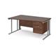 Maestro 25 left hand wave desk 1600mm wide with 2 drawer pedestal - silver cable managed leg frame, walnut top