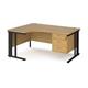 Maestro 25 left hand ergonomic desk 1600mm wide with 3 drawer pedestal - black cable managed leg frame, oak top
