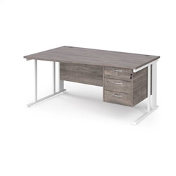 Maestro 25 left hand wave desk 1600mm wide with 3 drawer pedestal - white cable managed leg frame, grey oak top