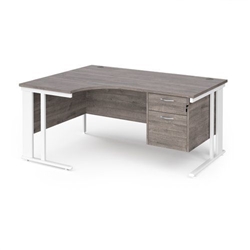 Maestro 25 left hand ergonomic desk 1600mm wide with 2 drawer pedestal - white cable managed leg frame, grey oak top