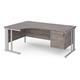 Maestro 25 left hand ergonomic desk 1800mm wide with 2 drawer pedestal - silver cable managed leg frame, grey oak top