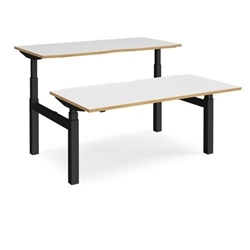 Elev8 Touch sit-stand back-to-back desks 1600mm x 1650mm - black frame, white top with oak edge