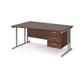 Maestro 25 left hand wave desk 1600mm wide with 3 drawer pedestal - silver cantilever leg frame, walnut top