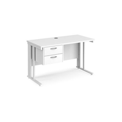 Maestro 25 straight desk 1200mm x 600mm with 2 drawer pedestal - white cable managed leg frame, white top