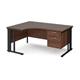 Maestro 25 left hand ergonomic desk 1600mm wide with 2 drawer pedestal - black cable managed leg frame, walnut top