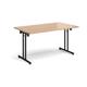 Rectangular folding leg table with black legs and straight foot rails 1400mm x 800mm - beech
