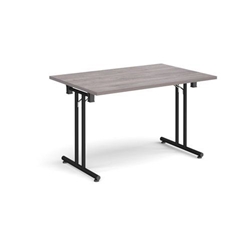 Rectangular folding leg table with black legs and straight foot rails 1200mm x 800mm - grey oak