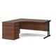 Maestro 25 left hand ergonomic desk 1600mm with black cantilever frame and desk high pedestal - walnut