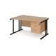 Maestro 25 left hand wave desk 1400mm wide with 3 drawer pedestal - black cantilever leg frame, beech top