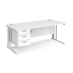 Maestro 25 straight desk 1800mm x 800mm with 3 drawer pedestal - white cable managed leg frame, white top
