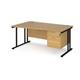 Maestro 25 left hand wave desk 1600mm wide with 2 drawer pedestal - black cantilever leg frame, oak top