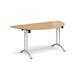 Semi circular folding leg table with silver legs and curved foot rails 1600mm x 800mm - oak