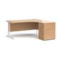 Maestro 25 right hand ergonomic desk 1600mm with white cantilever frame and desk high pedestal - beech