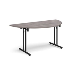 Semi circular folding leg table with black legs and straight foot rails 1600mm x 800mm - grey oak